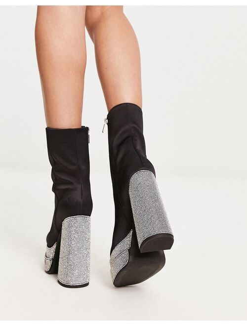 ASOS DESIGN Encore high-heeled embellished platform boots in black satin