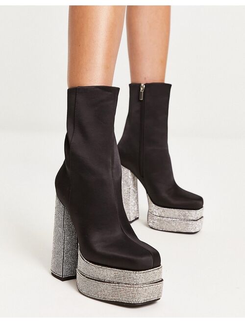ASOS DESIGN Encore high-heeled embellished platform boots in black satin
