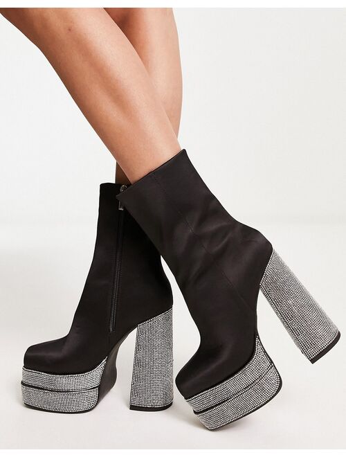 ASOS DESIGN Encore high-heeled embellished platform boots in black satin
