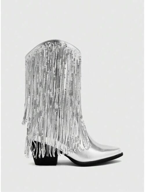 CUCCOO Baddie Collection Women Fringe & Sequins Decor Point Toe Chunky Heeled Western Boots, Glamorous Outdoor Boots