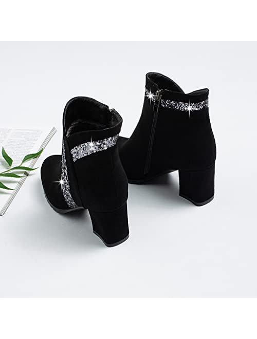JOEUSTY Women's Fashion Glitter Dressy Ankle Boots Round Toe Side Zipper Chunky High Heel Dress Short Booties