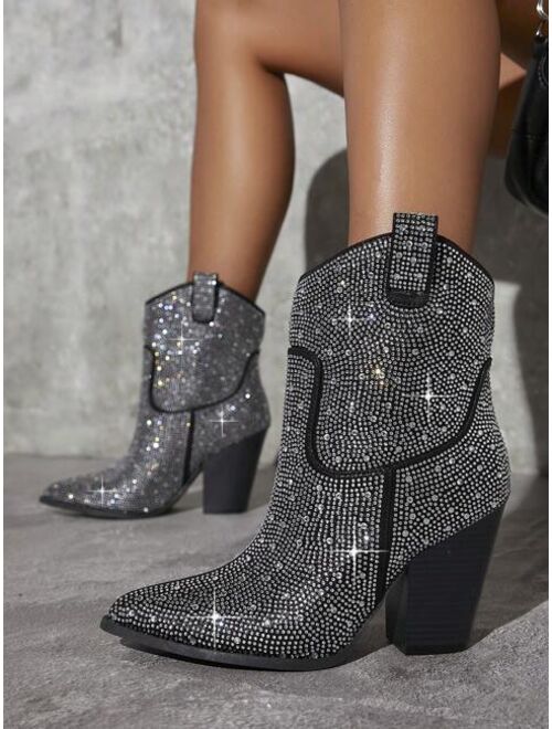 Shein Silver With Diamond Studded High Heeled Boots