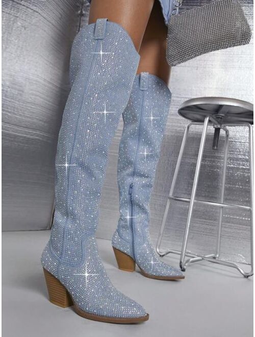 Shein Rhinestone Knee High Block Heel Boots