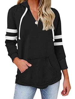 Womens V Neck Hoodies with Pockets Long Sleeve Striped Pullover Tops Sweatshirt