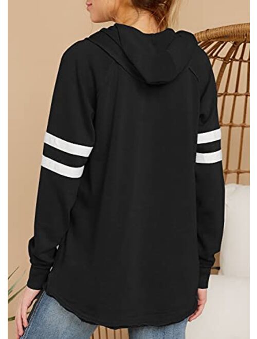 Fashare Womens V Neck Hoodies with Pockets Long Sleeve Striped Pullover Tops Sweatshirt