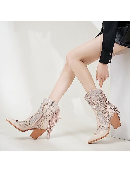 BECKNAD Ankle Boots for Women Chunky Heel Rivet Western Cowboy Boots With Tassel Pointed Toe Rhinestone Boots Womens Cowgirl Booties