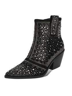 ISNOM Rhinestone Cowboy Boots Sparkly Ankle Boots with Pointed Toe and Chunky Heel Design