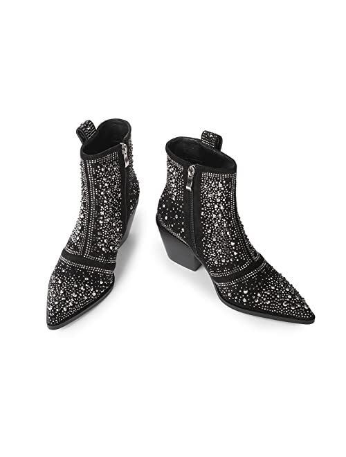 ISNOM Rhinestone Cowboy Boots Sparkly Ankle Boots with Pointed Toe and Chunky Heel Design
