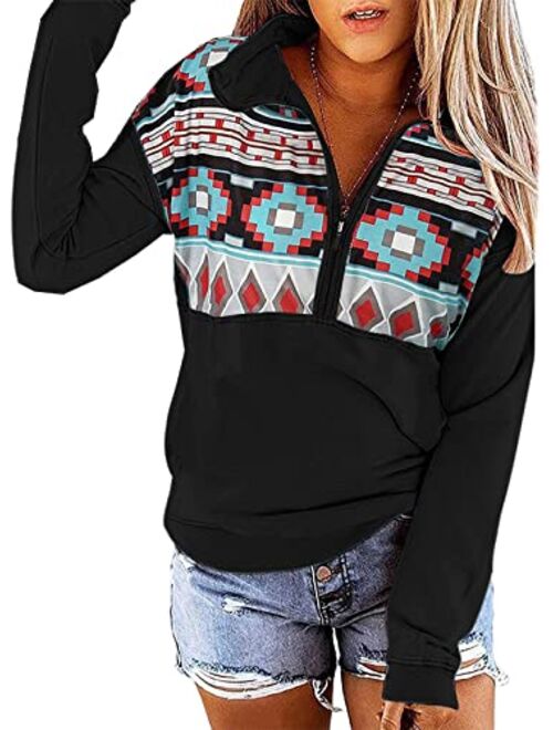 LEMAFER Women's Casual Aztec Geometric Zipper Collar Pullover Sweatshirt