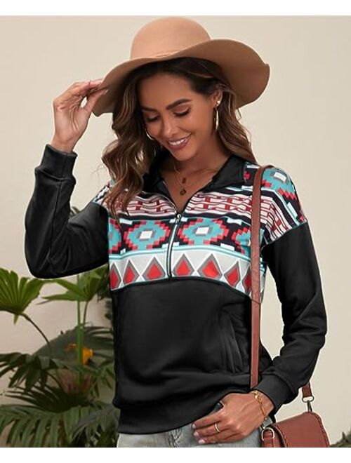 LEMAFER Women's Casual Aztec Geometric Zipper Collar Pullover Sweatshirt