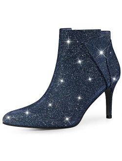 Women's Glitter Pointed Toe Zipper Stiletto Heel Ankle Boots