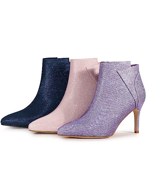 Allegra K Women's Glitter Pointed Toe Zipper Stiletto Heel Ankle Boots