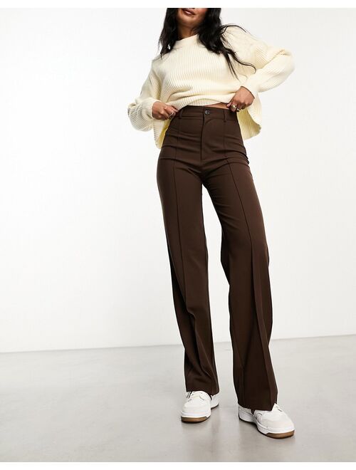 Pull&Bear high rise tailored straight leg pants with front seam in chocolate brown