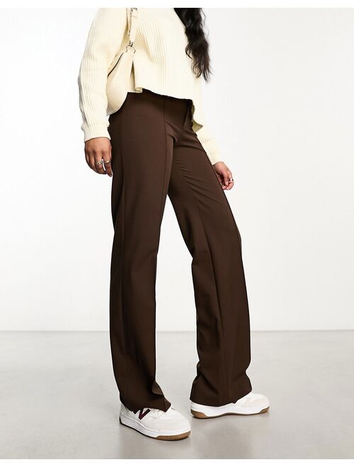 Pull&Bear high rise tailored straight leg pants with front seam in chocolate brown