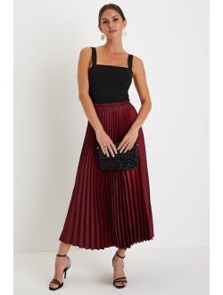 Breezy Spirit Burgundy Satin Pleated High-Rise Midi Skirt