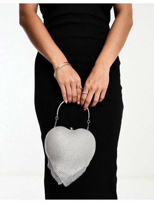True Decadence heart clutch bag in silver rhinestone