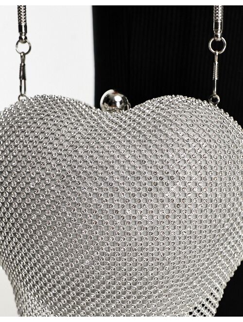 True Decadence heart clutch bag in silver rhinestone