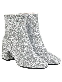 LUXMAX Women Glitter Ankle Boots Chunky Heel Square Closed Toe Sparkly Booties Block Heel Side Zip Winter Party Shoes