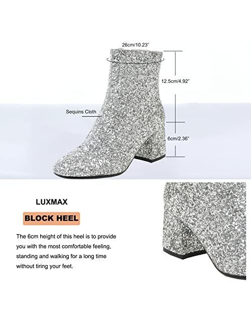 LUXMAX Women Glitter Ankle Boots Chunky Heel Square Closed Toe Sparkly Booties Block Heel Side Zip Winter Party Shoes