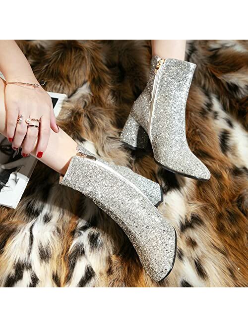 LUXMAX Women Glitter Ankle Boots Chunky Heel Square Closed Toe Sparkly Booties Block Heel Side Zip Winter Party Shoes