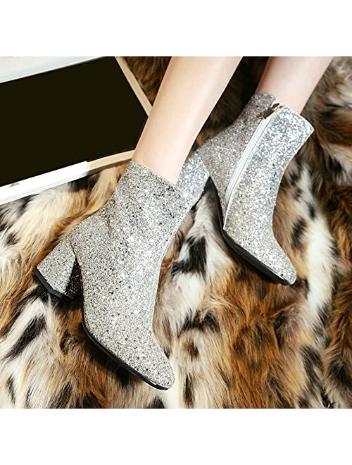 LUXMAX Women Glitter Ankle Boots Chunky Heel Square Closed Toe Sparkly Booties Block Heel Side Zip Winter Party Shoes