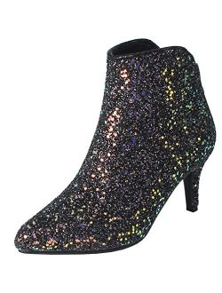MAVMAX Womens Glitter Sequin Booties Pointy Toe Kitten Heels Ankle Boots
