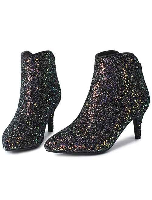 MAVMAX Womens Glitter Sequin Booties Pointy Toe Kitten Heels Ankle Boots