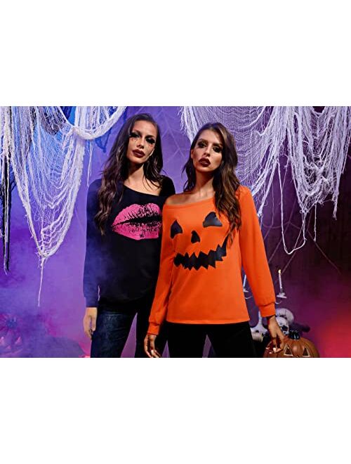 Spadehill Halloween Long Sleeve off Shoulder Sweatshirt for Women
