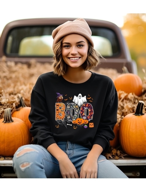 ELAREX Chenille Patch Halloween Sweatshirt, Unisex Halloween Sweatshirt, BOO Halloween Crewneck, Cute Halloween Sweater