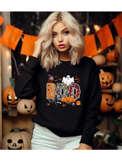 ELAREX Chenille Patch Halloween Sweatshirt, Unisex Halloween Sweatshirt, BOO Halloween Crewneck, Cute Halloween Sweater