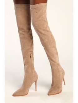 Glamur Light Nude Suede Rhinestone Over-the-Knee Stiletto Boots