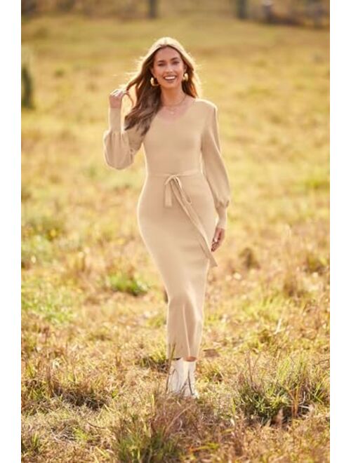 PRETTYGARDEN Women's 2023 Fall Knit Pullover Sweater Elegant Long Lantern Sleeve V Neck Maxi Dress