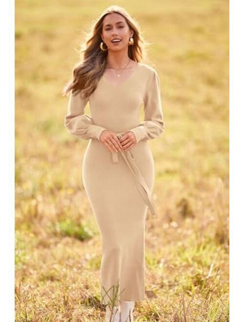 PRETTYGARDEN Women's 2023 Fall Knit Pullover Sweater Elegant Long Lantern Sleeve V Neck Maxi Dress