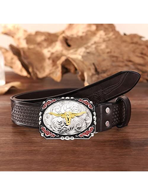 BBOTEN Long Horn Bull Belt Buckles for Men, Horse Eagle Cross Horseman Floral Engraved Western Cowboy Large Texas Buckle