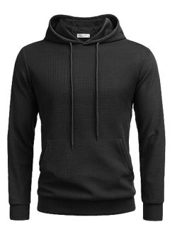 Men's Hooded Sweatshirts Long Sleeve Casual Pullover Hoodie Waffle Knit Sweatshirt with Pocket