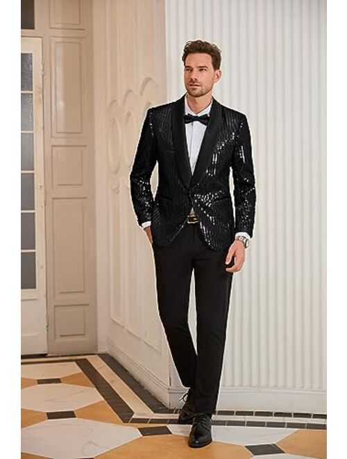GRACE KARIN Mens Shiny Sequin Blazer One Button Suit Jacket Shawl Lapel Tuxedo Party Dinner Prom
