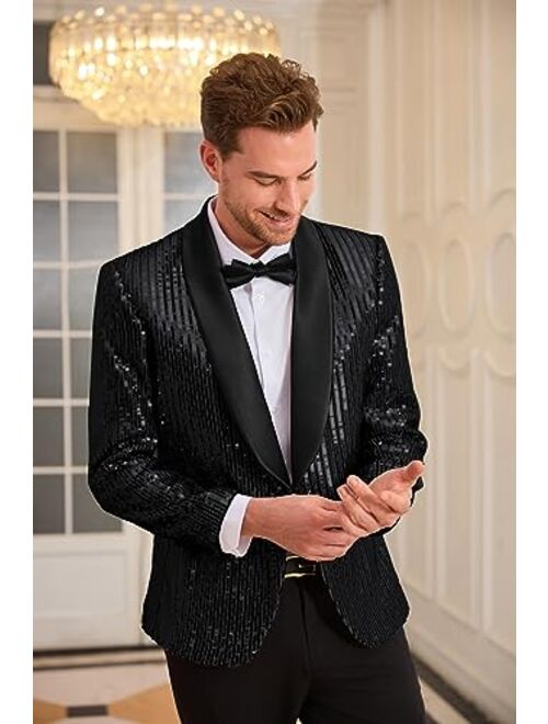 GRACE KARIN Mens Shiny Sequin Blazer One Button Suit Jacket Shawl Lapel Tuxedo Party Dinner Prom