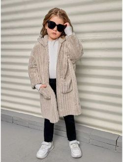 Young Girls' Knitted Solid Color Double-faced Fleece Fuzzy Hooded Loose Coat With Double Pockets