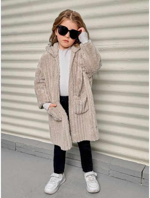 SHEIN Young Girls' Knitted Solid Color Double-faced Fleece Fuzzy Hooded Loose Coat With Double Pockets
