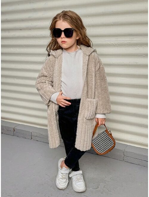 SHEIN Young Girls' Knitted Solid Color Double-faced Fleece Fuzzy Hooded Loose Coat With Double Pockets
