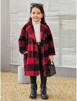 Young Girl Buffalo Plaid Pattern Teddy Coat