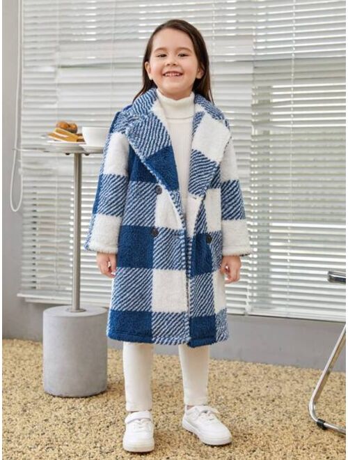 SHEIN Young Girl Buffalo Plaid Pattern Teddy Coat