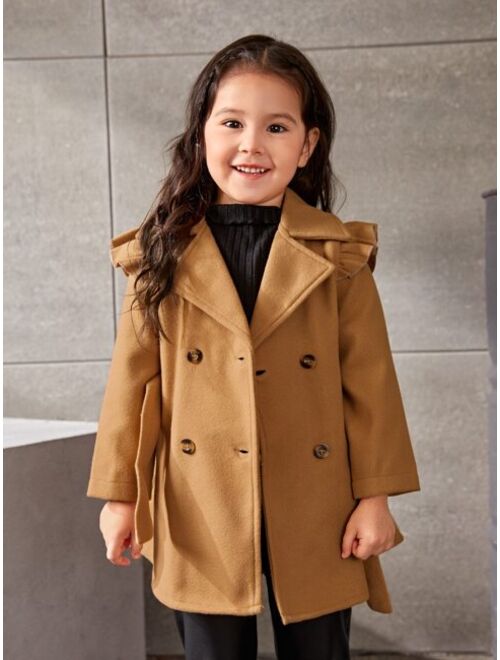 SHEIN Kids SUNSHNE Toddler Girls 1pc Ruffle Trim Double Breasted Belted Coat