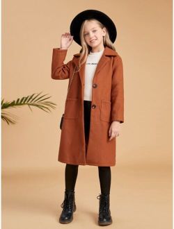 Girls Lapel Neck Button Front Patch Pocket Overcoat