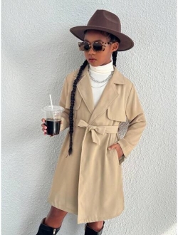 SHEIN Tween Girl Everyday Casual Solid Color Woven Trench Coat With Lapel Collar
