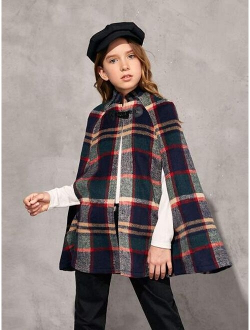 SHEIN Girls Duffle Buttoned Plaid Cape Wool-Mix Fabric Cape Overcoat