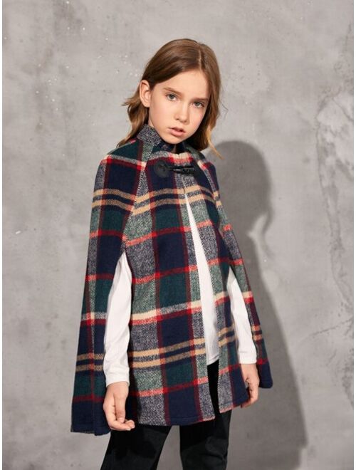SHEIN Girls Duffle Buttoned Plaid Cape Wool-Mix Fabric Cape Overcoat