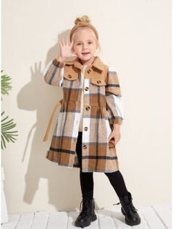 Toddler Girls Plaid Print Belted Overcoat