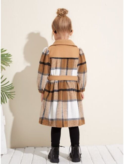 Shein Toddler Girls Plaid Print Belted Overcoat