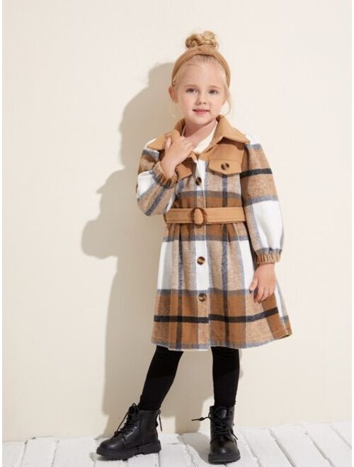 Shein Toddler Girls Plaid Print Belted Overcoat